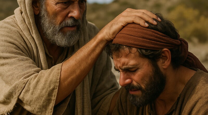 An older man comforts a younger man in distress, placing his hand gently on his head in a biblical setting.