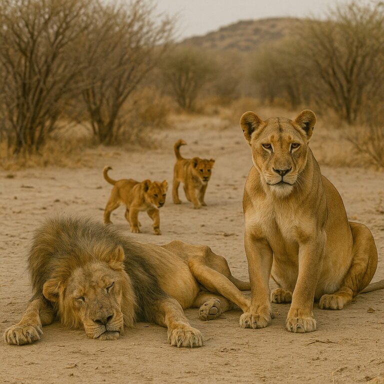 A lion family rests in a dry, barren landscape, with an old male lion lying weakly, a vigilant lioness nearby, and cubs wandering in the distance.