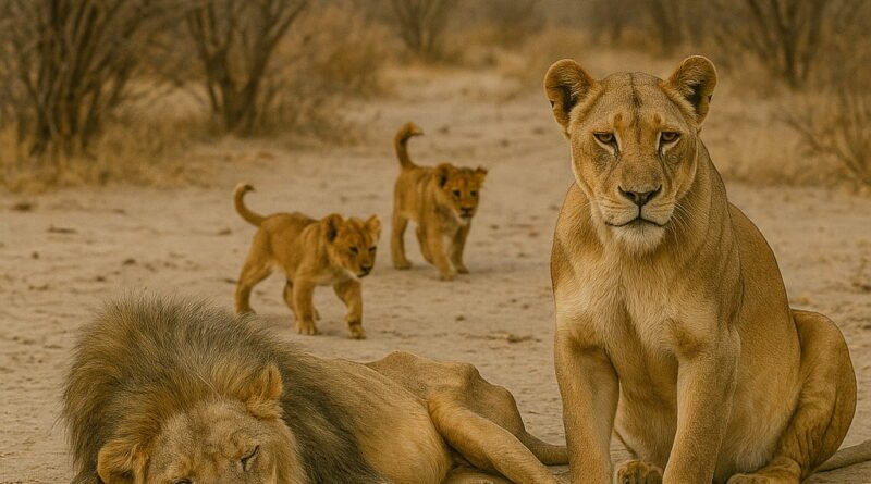 A lion family rests in a dry, barren landscape, with an old male lion lying weakly, a vigilant lioness nearby, and cubs wandering in the distance.
