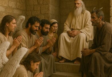 Angels gather before God while Satan stands among them, presenting himself in the heavenly court.