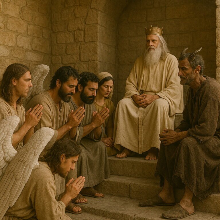 Angels gather before God while Satan stands among them, presenting himself in the heavenly court.