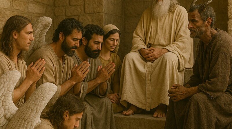 Angels gather before God while Satan stands among them, presenting himself in the heavenly court.