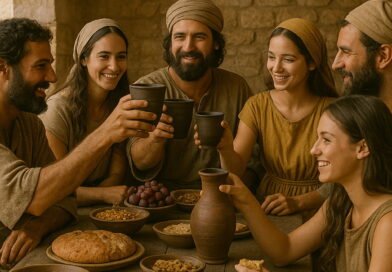 Seven siblings enjoy a joyful meal together, sharing bread and wine in an ancient Middle Eastern home.