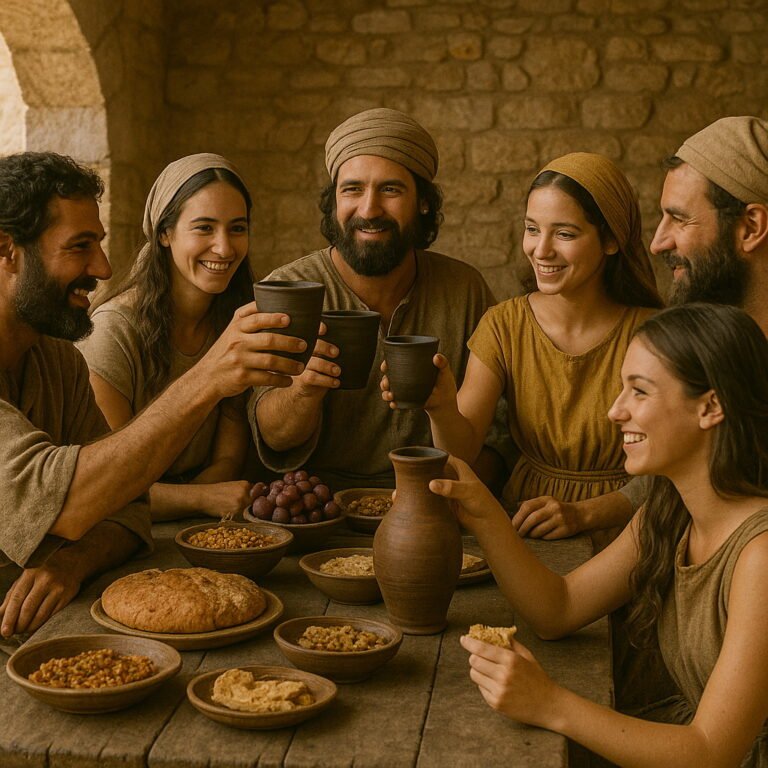 Seven siblings enjoy a joyful meal together, sharing bread and wine in an ancient Middle Eastern home.