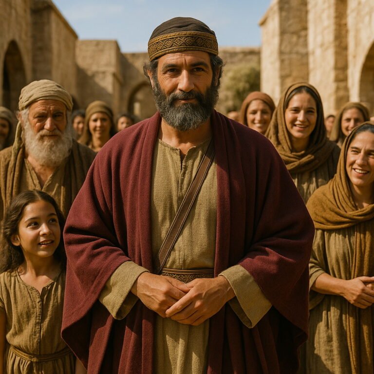 Mordecai, dressed in traditional robes, stands among joyful fellow Jews in an ancient Middle Eastern town.