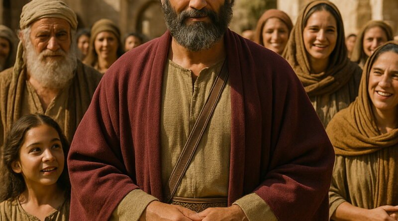 Mordecai, dressed in traditional robes, stands among joyful fellow Jews in an ancient Middle Eastern town.