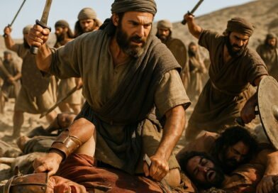 Jewish warriors defeating their enemies with swords in an intense biblical battle.