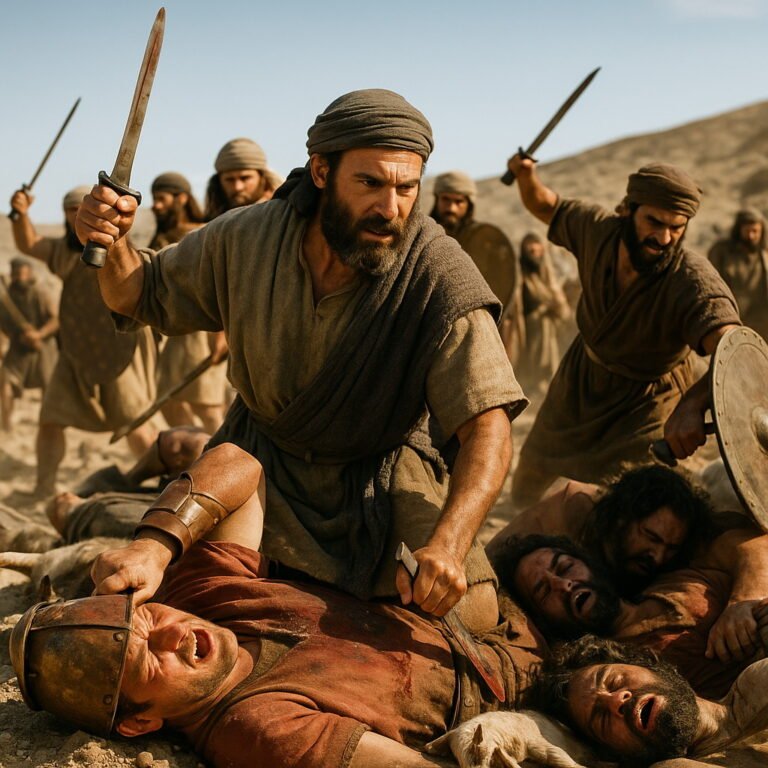 Jewish warriors defeating their enemies with swords in an intense biblical battle.