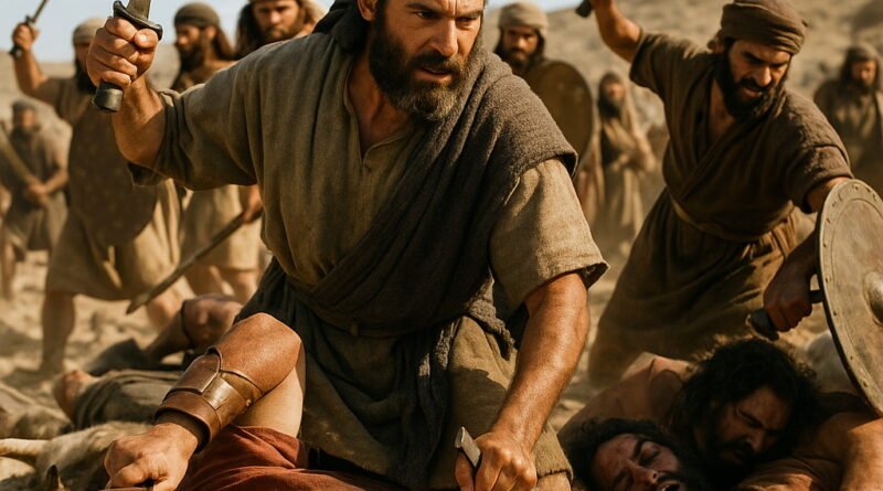 Jewish warriors defeating their enemies with swords in an intense biblical battle.