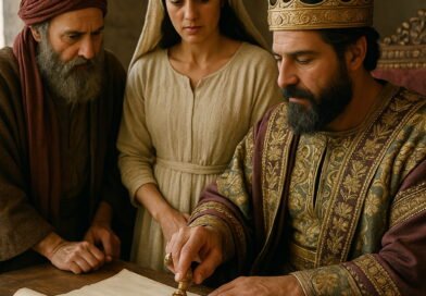King Ahasuerus seals a royal decree with his signet ring as Queen Esther and Mordecai observe.