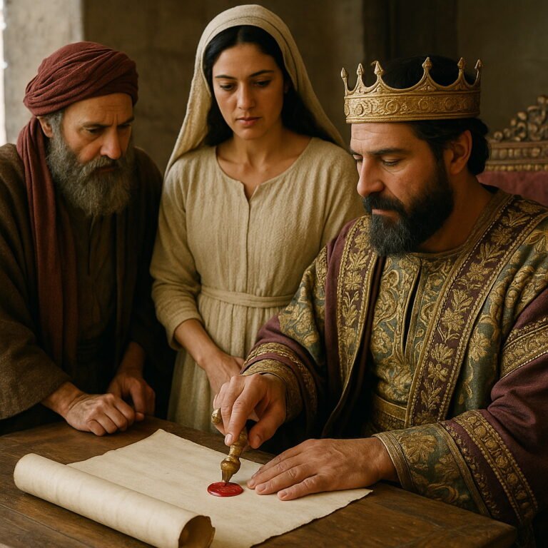 King Ahasuerus seals a royal decree with his signet ring as Queen Esther and Mordecai observe.