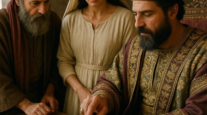 King Ahasuerus seals a royal decree with his signet ring as Queen Esther and Mordecai observe.