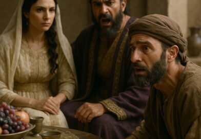 Queen Esther reveals Haman’s plot as the enemy before King Ahasuerus, causing Haman to tremble in fear.