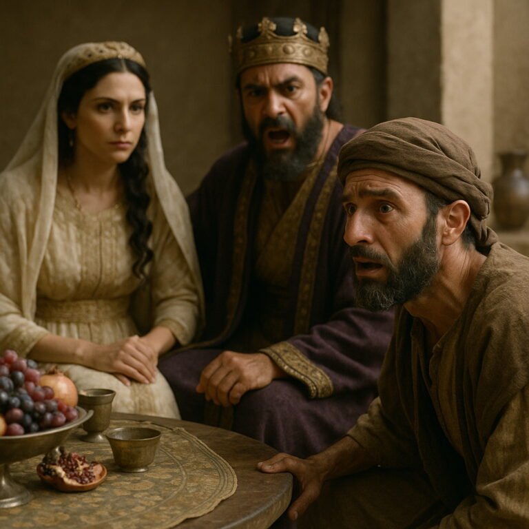 Queen Esther reveals Haman’s plot as the enemy before King Ahasuerus, causing Haman to tremble in fear.