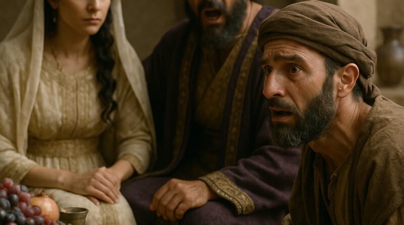 Queen Esther reveals Haman’s plot as the enemy before King Ahasuerus, causing Haman to tremble in fear.