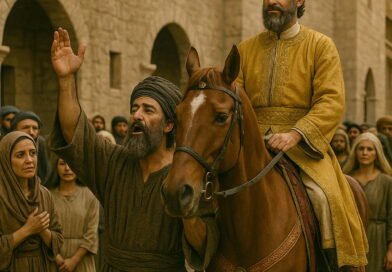 Mordecai rides through the city streets in royal robes as Haman leads the horse, proclaiming the king’s honor.