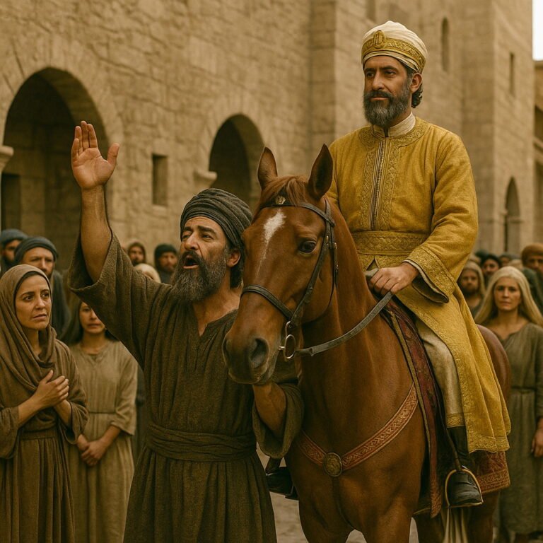 Mordecai rides through the city streets in royal robes as Haman leads the horse, proclaiming the king’s honor.