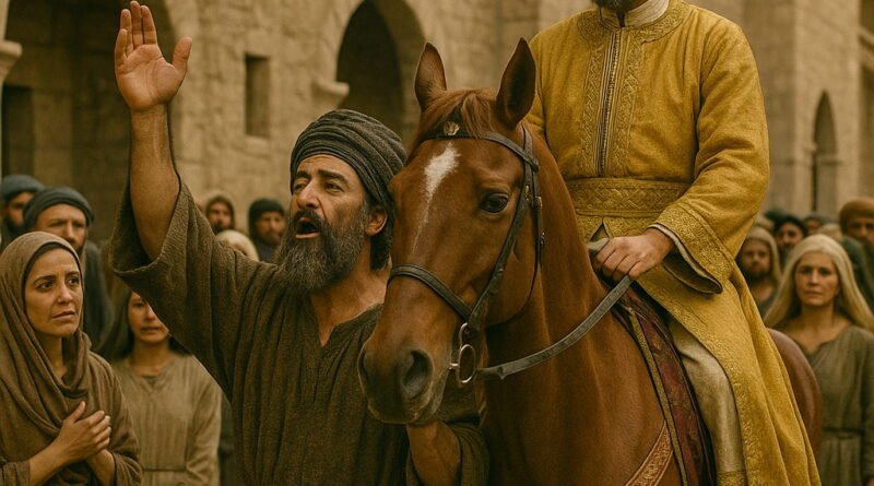 Mordecai rides through the city streets in royal robes as Haman leads the horse, proclaiming the king’s honor.