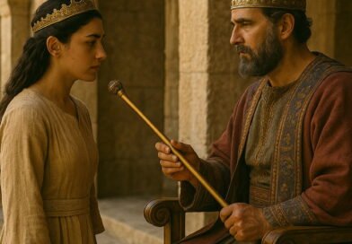 Queen Esther stands before King Ahasuerus as he extends his golden scepter to her.