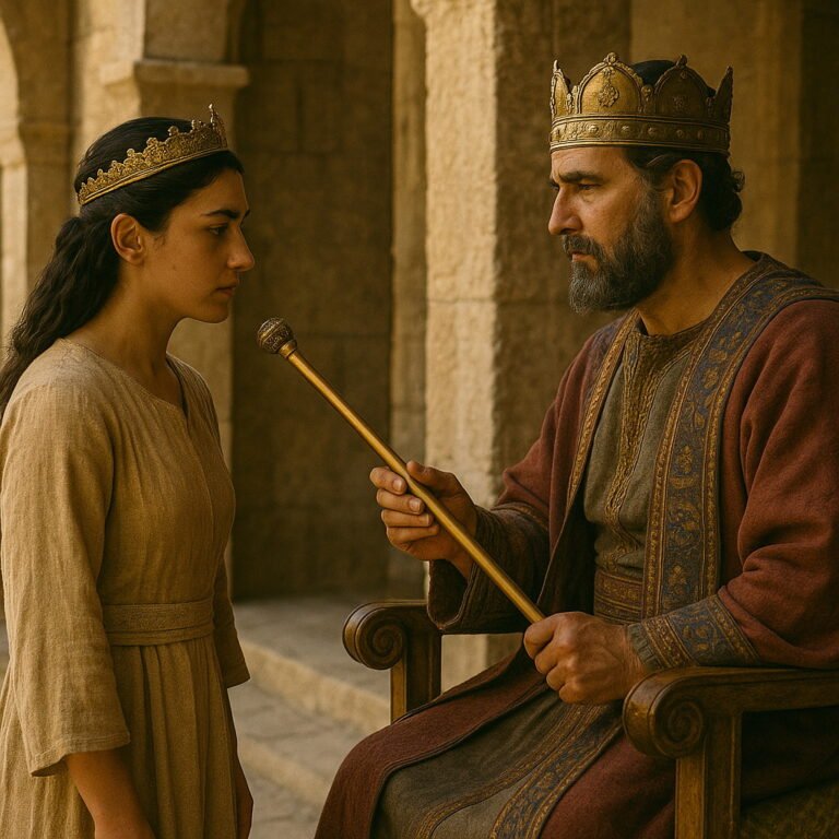 Queen Esther stands before King Ahasuerus as he extends his golden scepter to her.