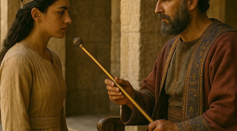 Queen Esther stands before King Ahasuerus as he extends his golden scepter to her.