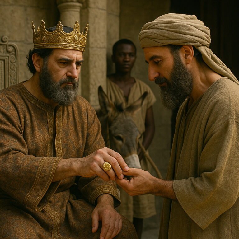 King Ahasuerus hands his royal signet ring to Haman in an ancient Persian setting.