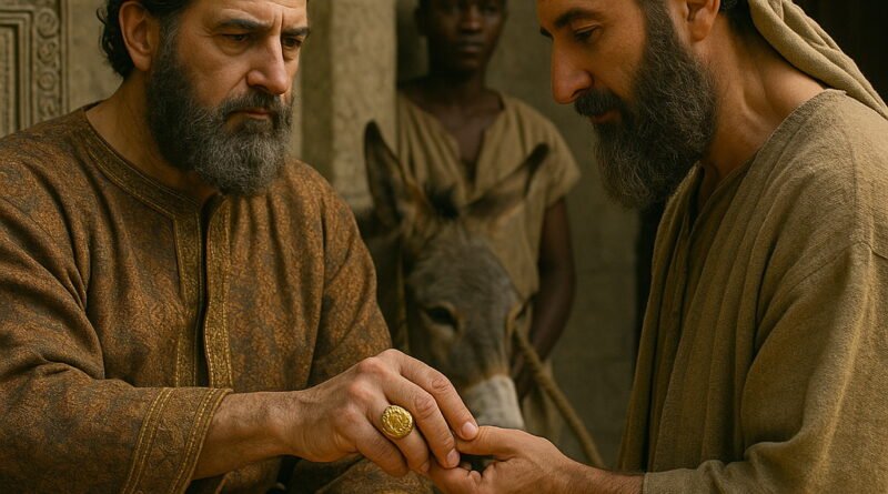 King Ahasuerus hands his royal signet ring to Haman in an ancient Persian setting.