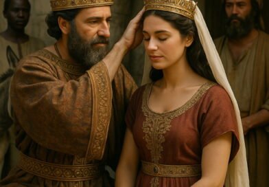 King Ahasuerus places the royal crown on Esther’s head during her coronation as queen.
