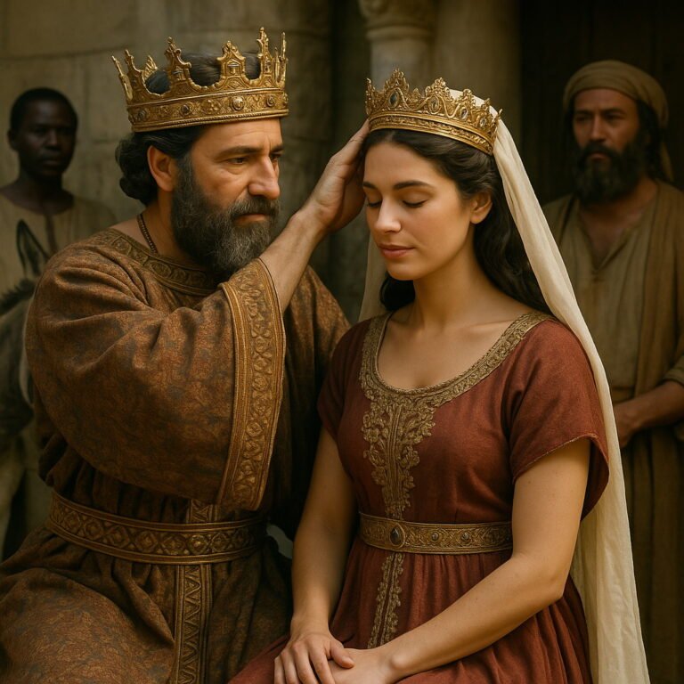 King Ahasuerus places the royal crown on Esther’s head during her coronation as queen.