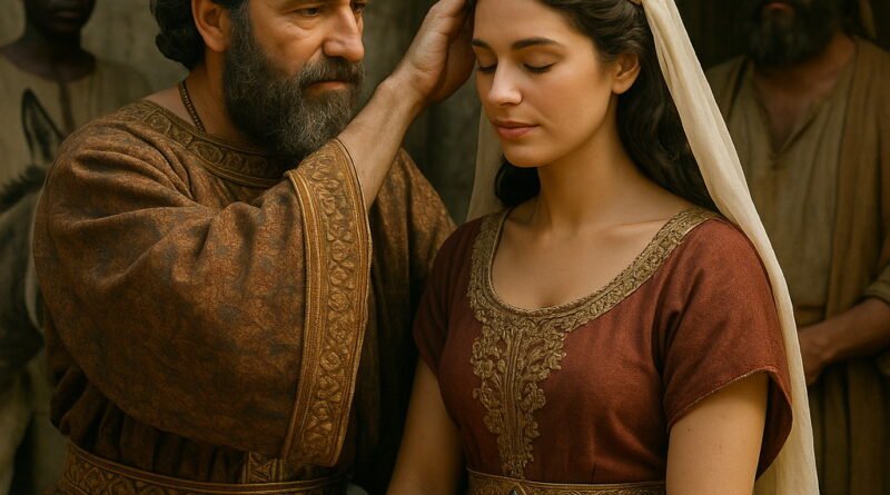 King Ahasuerus places the royal crown on Esther’s head during her coronation as queen.