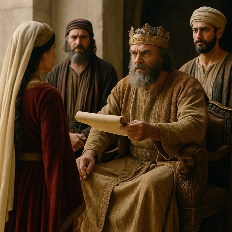 King Ahasuerus issues a decree concerning Queen Vashti in the Persian royal court.