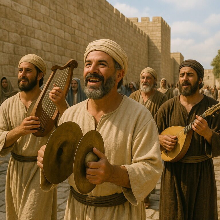 Levites dedicating the wall of Jerusalem with music and singing.