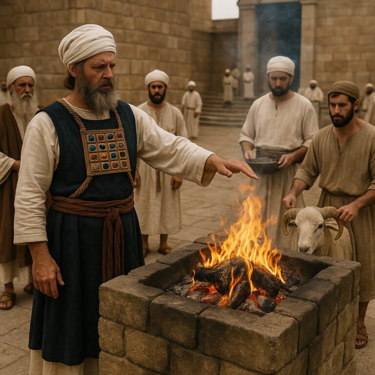 Priest offering sacrifice at the altar in the Jerusalem temple courtyard.
