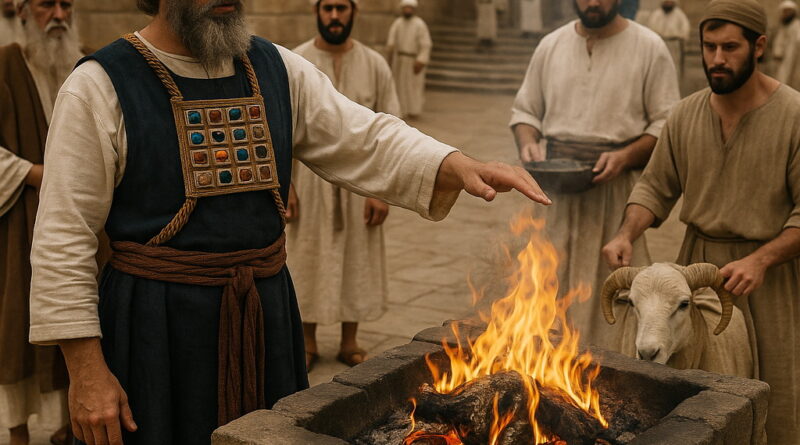 Priest offering sacrifice at the altar in the Jerusalem temple courtyard.
