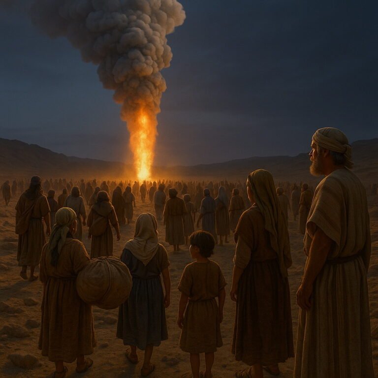 The Israelites walk through the desert, guided by a towering pillar of cloud by day and a blazing pillar of fire by night.