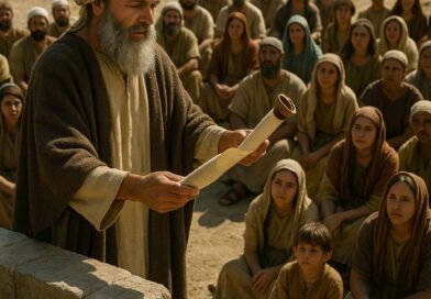 Ezra reads the Law from a scroll to a gathered assembly of men, women, and children in biblical attire.