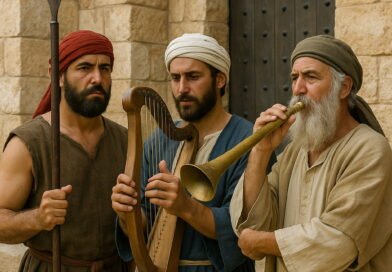Three Jewish men stand outside an ancient city gate: a gatekeeper with a spear, a harpist, and a trumpet player, dressed in traditional biblical attire.