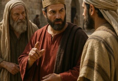A man wearing a gold crown and a dark red robe speaks intently to two other men in traditional biblical attire on a stone-paved street.