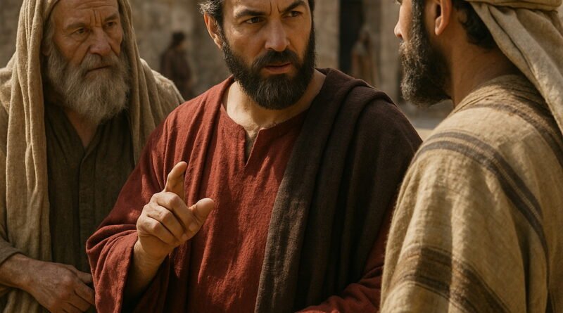 A man wearing a gold crown and a dark red robe speaks intently to two other men in traditional biblical attire on a stone-paved street.