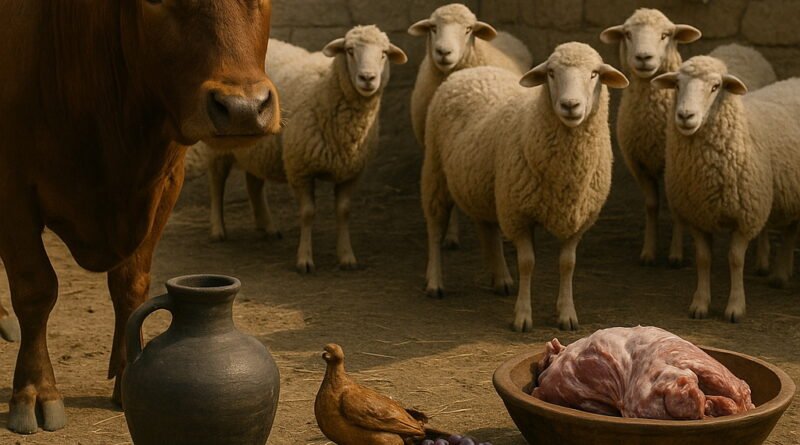 A large ox stands beside six fattened sheep, with a clay jug, flatbreads, grapes, a roasted bird, and raw meat arranged on wooden platters in a rustic courtyard.
