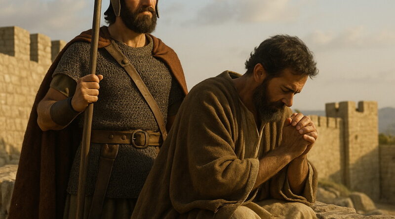 A soldier in bronze armor stands guard with a spear beside a man in a brown robe who prays atop an ancient stone wall during sunset.