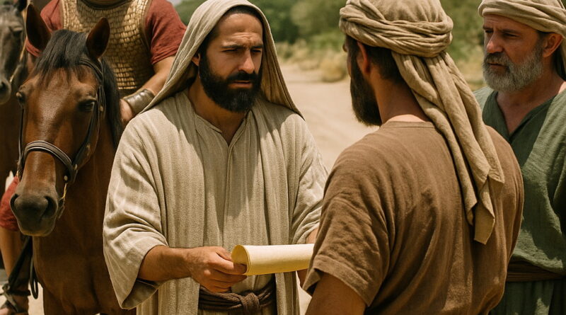 A man in traditional biblical attire presents a scroll to two governors while Persian soldiers on horseback stand behind him in an arid, sunlit landscape.