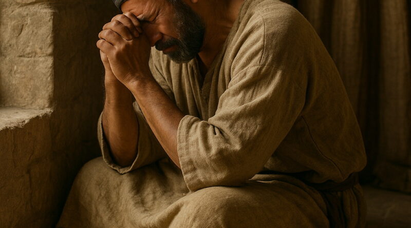 A man in traditional biblical attire sits on the floor in a stone room, head bowed and hands clasped in prayer, his expression filled with grief as sunlight filters through a nearby opening.