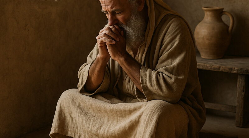 A sorrowful elderly man sits alone in a simple, dimly lit room, wearing biblical-era linen robes and sandals, deep in contemplation beside a clay jar.