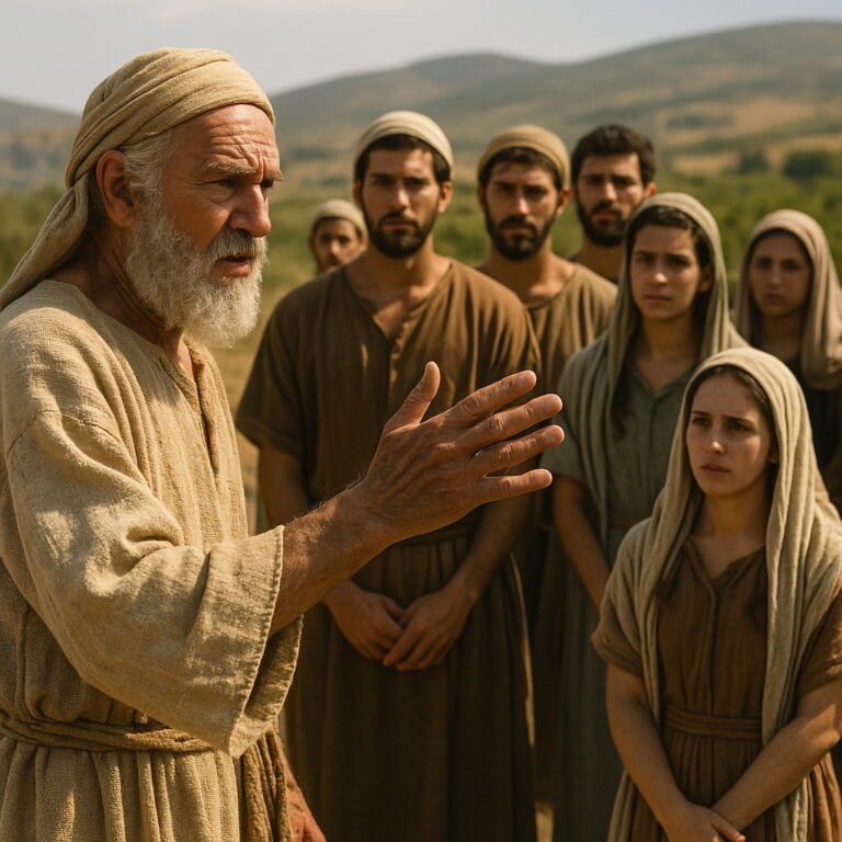 An elderly bearded man in traditional biblical attire instructs younger men in a pastoral setting, symbolizing the separation of Israel from foreign influence.