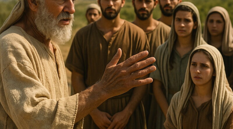 An elderly bearded man in traditional biblical attire instructs younger men in a pastoral setting, symbolizing the separation of Israel from foreign influence.