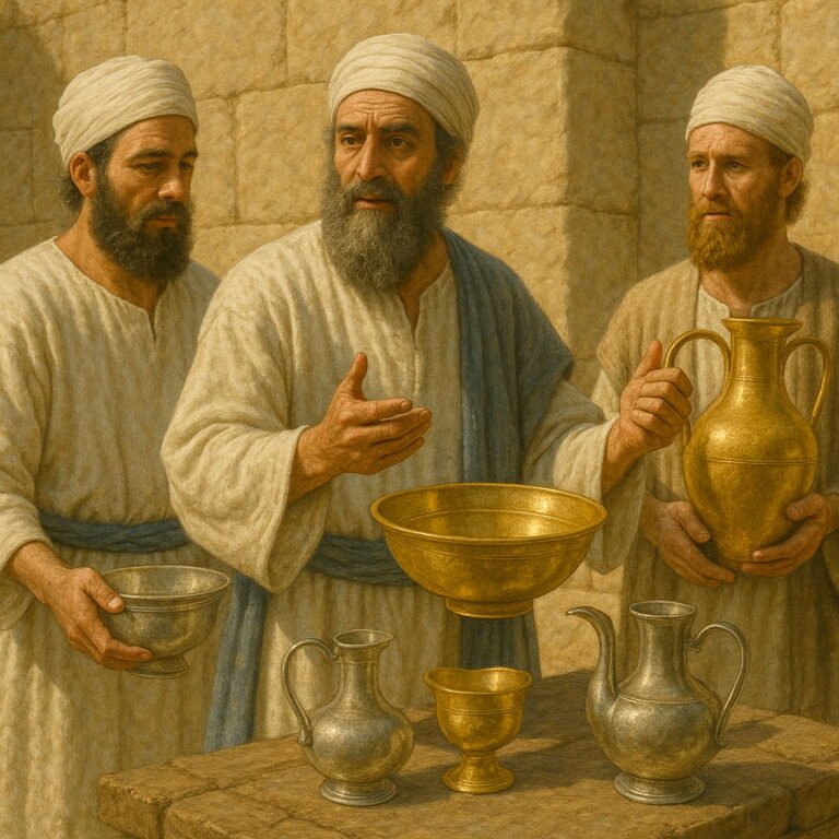 Three priests in traditional white garments present sacred gold and silver vessels dedicated to the Lord, standing by a stone wall.