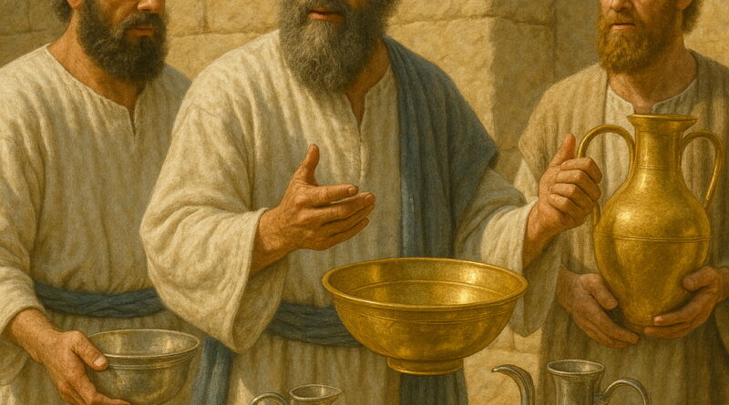 Three priests in traditional white garments present sacred gold and silver vessels dedicated to the Lord, standing by a stone wall.