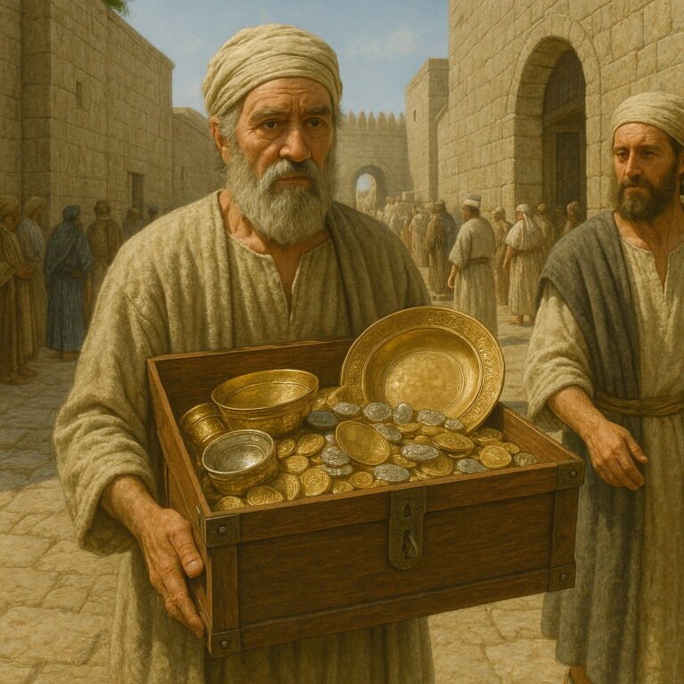 An elderly man carries a chest full of gold and silver through a stone-paved street toward the temple in Jerusalem.