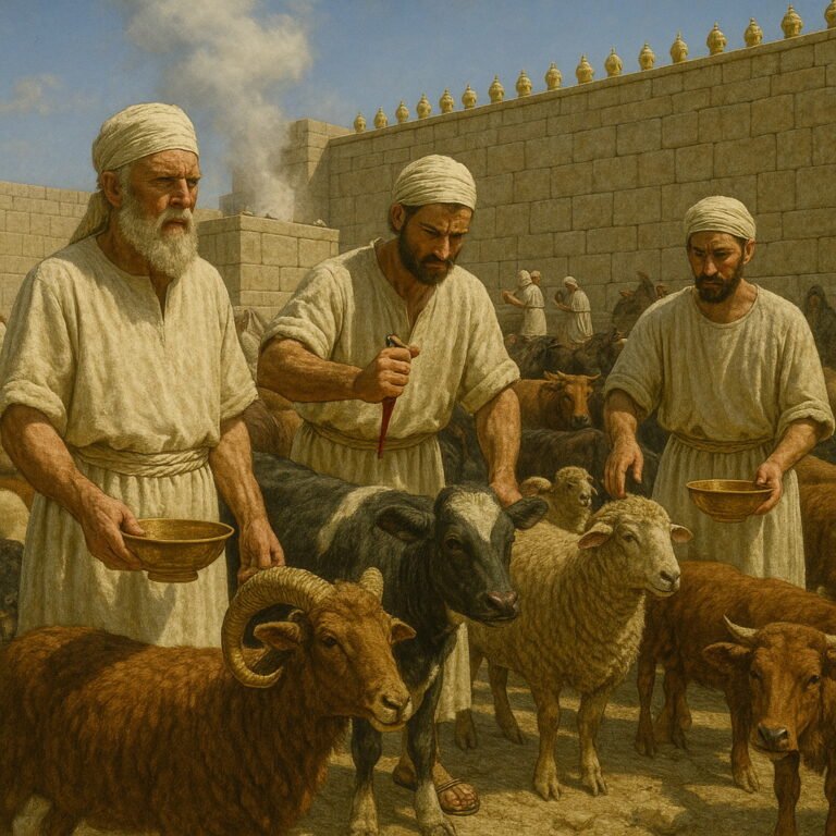 Priests in white garments perform sacrifices of bulls, rams, and goats during the dedication of God’s house, with smoke rising from the altar.